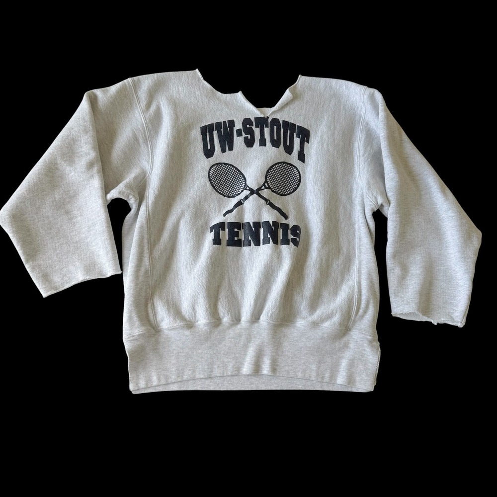 90's UW-Stout Reverse Weave Tennis Sweatshirt Grey Raw Neckline Cropped Sleeves